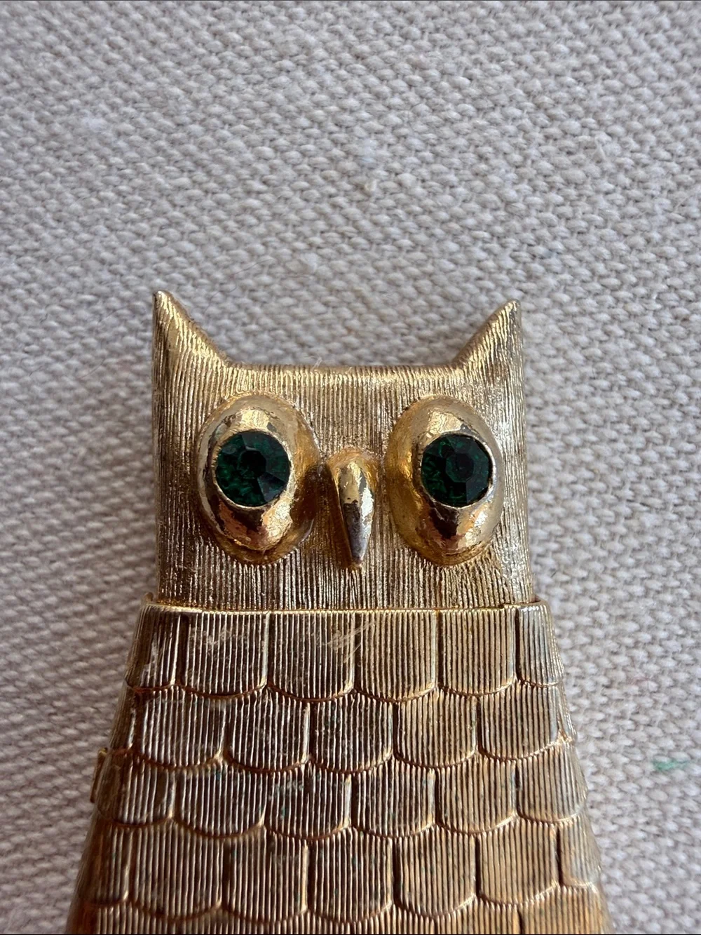 Vintage Avon Gold Tone Owl Solid Perfume   Brooch. Circa 1969. Signed.